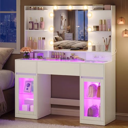 VASAGLE Kailyn Collection - Vanity Desk with LED Lights and Power Outlet, Modern Vanity Table with Light Strip, 3 Drawers, 2 Cabinets, Transparent Top, 8 Storage Shelves, Cloud White URDT145WB03S - style: 42.1"W 3 Drawers 2 Cabinets Vanity Desk - Cloud Wh
