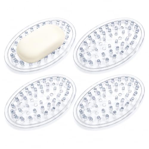 4-Pack Self-Draining Soap Holder, Clear Plastic Soap Saver Tray with Raised Ridges for Bathroom Shower and Kitchen Sink
