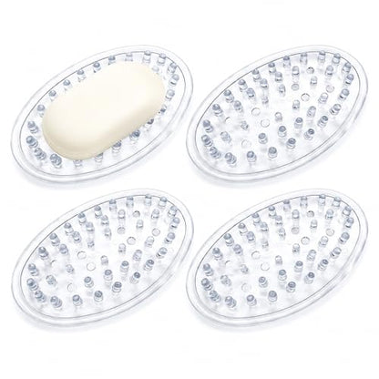 4-Pack Self-Draining Soap Holder, Clear Plastic Soap Saver Tray with Raised Ridges for Bathroom Shower and Kitchen Sink