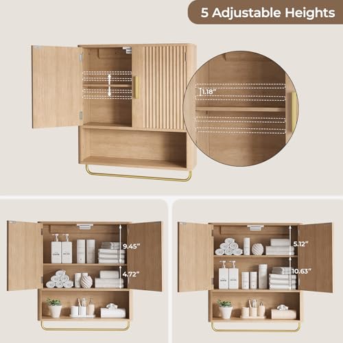 Bathroom Wall Cabinet, Medicine Cabinet with Fluted Door & Adjustable Shelf | Over The Toilet Storage Cabinet with Towel Bar, Space-Saving Cabinet Wall Mount for Laundry Room, Kitchen, Living Room - color: Natural Oak
