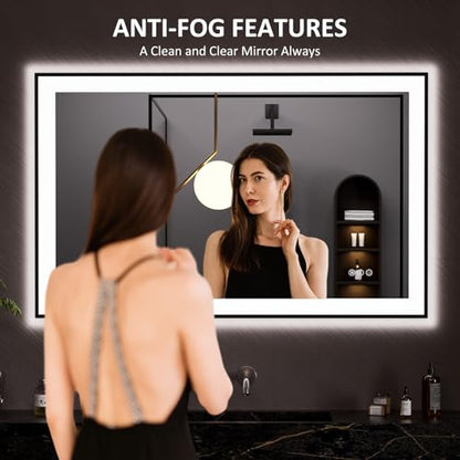 LOAAO 48"X30" LED Bathroom Mirror Black Framed | Anti-Fog, Dimmable, Memory Function, Tempered Glass, Lighted Vanity Mirror for Wall - size: 48"L x 30"W