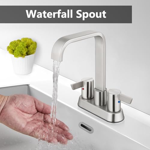 Brushed Nickel Waterfall Bathroom Faucet 4 Inch Centerset,2-Handle | Stainless Steel 3-Hole Deck-Mount Design Includes Supply Lines and Pop-Up Drain for a Complete Vanity Installation - color: Brushed Nickel