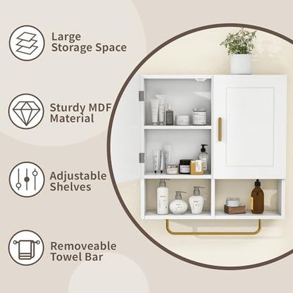 Wall Mounted Bathroom Storage Cabinet Medicine Cabinet | Medicine Cabinet with Adjustable Shelves & Towel Bar for Bathroom, Laundry Room, Bedroom, Enterway - color: White
