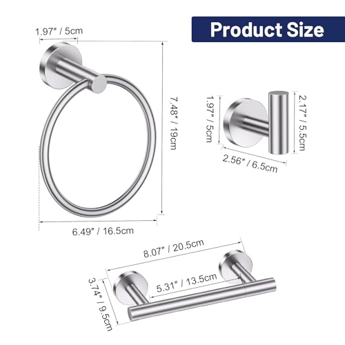 Brushed Nickel Bathroom Hardware Set, 4-Piece Towel Holder Set Include Double Bases Toilet Paper Holder,Towel Ring and 2 Towel Hooks Stainless Steel Wall Mounted Bathroom Hardware Accessories Set - color: Brushed Nickel, size: Set B