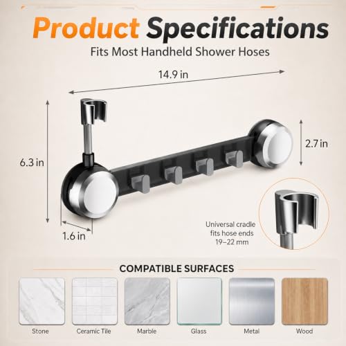 Suction Cup Handheld Shower Head Holder with 4 Hanger Hook Wall Mount, Adjustable Handheld Shower Head Mount Removable for Large & Heavy Shower Heads - Bathroom Wall Mounted Shower Wand Holder