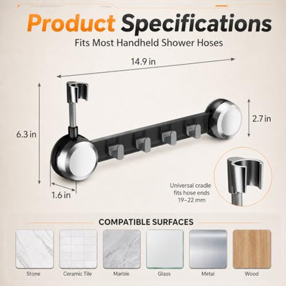 Suction Cup Handheld Shower Head Holder with 4 Hanger Hook Wall Mount, Adjustable Handheld Shower Head Mount Removable for Large & Heavy Shower Heads - Bathroom Wall Mounted Shower Wand Holder