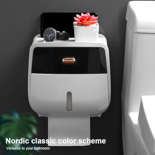 Toilet Paper Holder Wall Mount, Self Adhesive Paper Towels Holder with Drawer and Shelf Watertight Tissue Dispenser Semi-Auto Switch Toilet Tissue Roll Holders for Bathroom(Black)