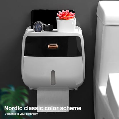 Toilet Paper Holder Wall Mount, Self Adhesive Paper Towels Holder with Drawer and Shelf Watertight Tissue Dispenser Semi-Auto Switch Toilet Tissue Roll Holders for Bathroom(Black)