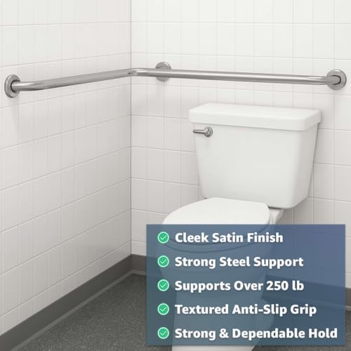 24" x 36" Satin Corner Grab Bar with Peened Grip - Two-Wall Mounted Stainless Steel Restroom Safety Rail, 1.5" Diameter, 250 lb. Capacity, Bathroom Support for Public & Commercial Use - size: 24" x 36"