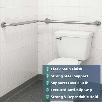 24" x 36" Satin Corner Grab Bar with Peened Grip - Two-Wall Mounted Stainless Steel Restroom Safety Rail, 1.5" Diameter, 250 lb. Capacity, Bathroom Support for Public & Commercial Use - size: 24" x 36"