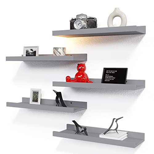 RICHER HOUSE 5-Set Floating Shelves with Lip, Grey Wall Mounted Wood Shelf | Display Picture Ledge Shelf, Anti-drop lip Shelf for Room Wall Decor, Bedroom Bathroom Storage Nursery Books, Easy Setup 16in - color: Grey