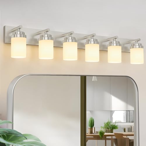 IZORRO Bathroom Vanity Light Fixture, 6-Light 46 Inch Brushed Nickel Bathroom Light Fixtures Over Mirror, with White Glass Shade, Modern Farmhouse Vanity Lights, Rustic Restroom Lighting Fixtures - color: Nickel-White Glass Shade, size: 46 inch-6-Light