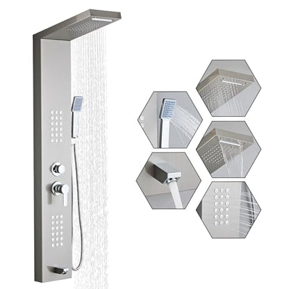 5-in-1 Shower Panel Tower System - Brushed Gray | 304 stainless steel Shower Panel Tower Column with Powerful Body Jets, Rainfall, Waterfall,Handheld and Tub Spout - color: Brushed Gray, style: LSH-8001