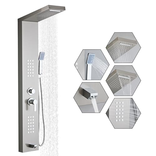 5-in-1 Shower Panel Tower System - Brushed Gray | 304 stainless steel Shower Panel Tower Column with Powerful Body Jets, Rainfall, Waterfall,Handheld and Tub Spout - color: Brushed Gray, style: LSH-8001