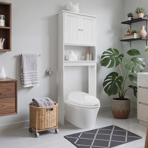Over Toilet Storage Cabinet with Barn Door & Adjustable Shelves | 24 Inch Wide Bathroom Organizer, Space-Saving, Sturdy Wood, Anti-Tipping, Easy Assembly, for Restroom, Laundry, Small Spaces - color: White-silver