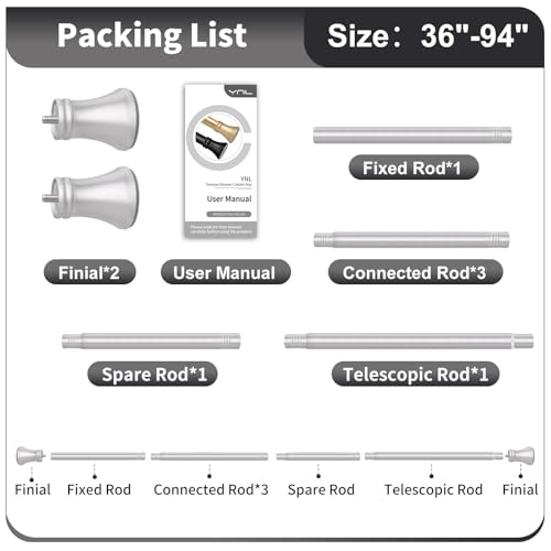 Silver Shower Curtain Rod 36-94 Inch(3-7.8ft), No Slip No Drill No Rust Shower Rod For Bathroom Window Patio, Adjustable Spring Long Tension Rod - color: Silver, size: 36"-94"