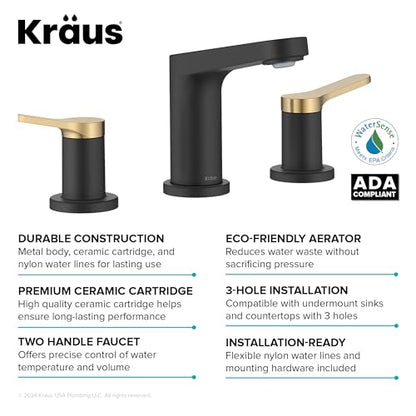 KRAUS Indy Widespread Bathroom Faucet in Spot-Free Brushed Brass/Matte Black with 2 Handles, Pop Up Drain and Supply Lines, FUS-14103SFBBMB - color: Spot Free Brushed Brass/Matte Black, style: Widespread