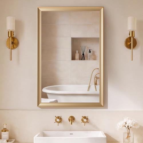 Gold Bathroom Mirror 24x36 Inch, Rectangle Vanity Mirror | Brushed Gold Bathroom Mirror for over sink, Bedroom, Entryway, Living Room, Aluminum Alloy Framed, Curved Wide Edge - color: Brushed Gold, size: 24"L x 36"W