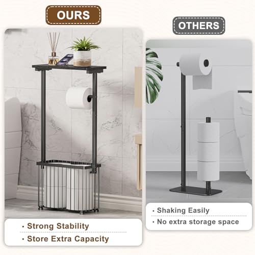 Free Standing Toilet Paper Holder with Storage Shelf – Bathroom Tissue Stand with Space for Phone, Wet Wipes and Magazines – All-in-One Toilet Roll Dispenser and Organizer Holds 4-6 Rolls - size: 28.5" H x 6.3" W x 13.4" D