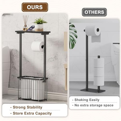 Free Standing Toilet Paper Holder with Storage Shelf – Bathroom Tissue Stand with Space for Phone, Wet Wipes and Magazines – All-in-One Toilet Roll Dispenser and Organizer Holds 4-6 Rolls - size: 28.5" H x 6.3" W x 13.4" D