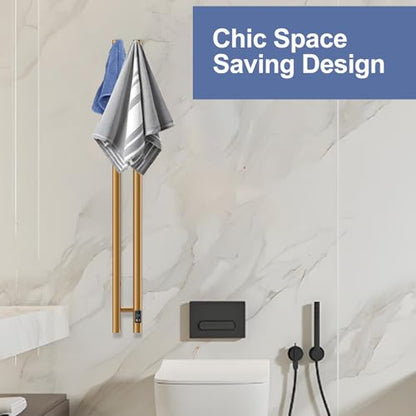 Heated Towel Rack, Towel Warmer with Timer, Wall Mounted hot Towel Warmer Rack for Bathroom, Hardwired or Plug-in Models Vertical Towel Heater, 2 Vertical Rack Round Design (Gold) - color: Gold