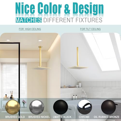 Brushed Gold Shower Arm with Flange and Teflon Tape for High Ceiling or Fixed Rain Showerhead, Universal Connection 16-inch Square Straight Shower Head Extender Extension Pipe, 304 Stainless Steel - color: Brushed Gold, style: 16inch