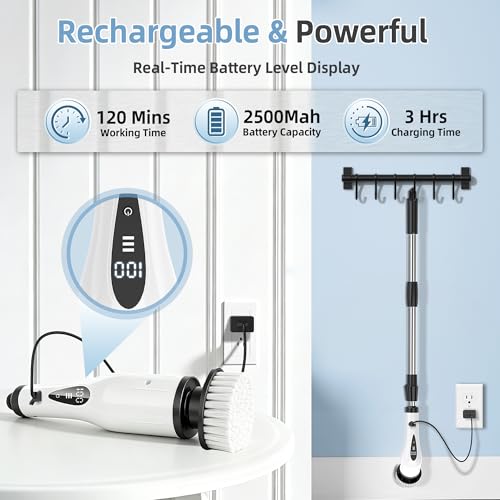 Electric Spin Scrubber, 3-Speed Flat End Brush with 8 Brush Heads & Base, IPX7 Waterproof, Adjustable Long Handle, Digital Display, 2500mAh Fast Charging, for Bathroom, Tub, Tile, Floor - color: Black
