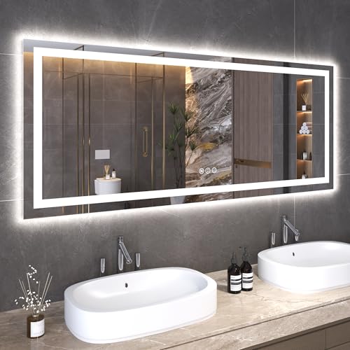 Snowdool 60 x 24 in LED Bathroom Mirror, Front and Backlit, Anti-Fog | Front and Backlit, 3 Color Temperatures, Anti-Fog, Tempered Glass - size: 24"L x 60"W