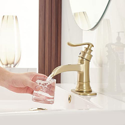 BWE Brass Gold Waterfall Sink Faucet for Modern & Traditional Bathroom | Wide Waterfall Spout, Ceramic Cartridge, Fits 1 or 3-Hole Sink, Single Handle, Hardware Kit Included, Not for Vessel Sink - color: Gold