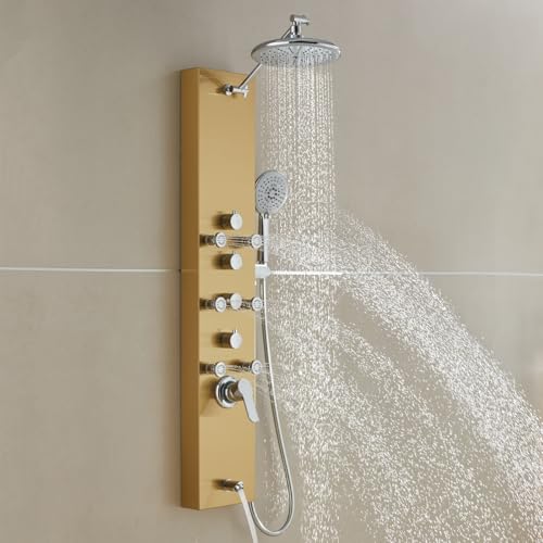ROVOGO Gold Shower Panel Tower System, 4 Shower Modes Simultaneous Function | Rain Shower Head, Handheld, Body Jets, Tub Spout, Height Adjustable Shower Arm, Stainless Shower Column W/ Brass Valve, 43.3" - color: Gold-Adjustable Rain Head