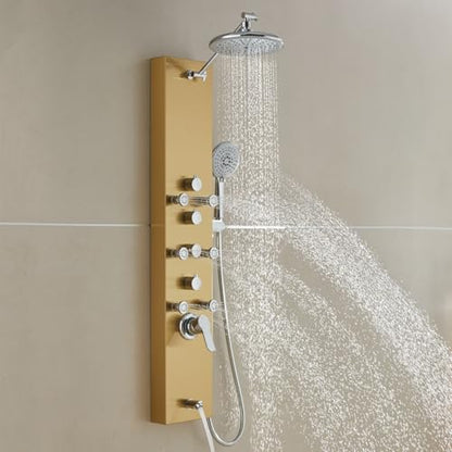 ROVOGO Gold Shower Panel Tower System, 4 Shower Modes Simultaneous Function | Rain Shower Head, Handheld, Body Jets, Tub Spout, Height Adjustable Shower Arm, Stainless Shower Column W/ Brass Valve, 43.3" - color: Gold-Adjustable Rain Head