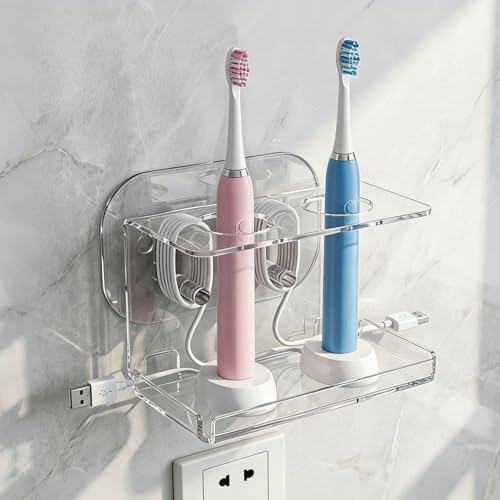 Electric Toothbrush Holder Wall Mounted,Acrylic Tooth Brush Holder for Bathroom, Electric Toothbrush Organizer with Cable Organizer for Shower,Clear