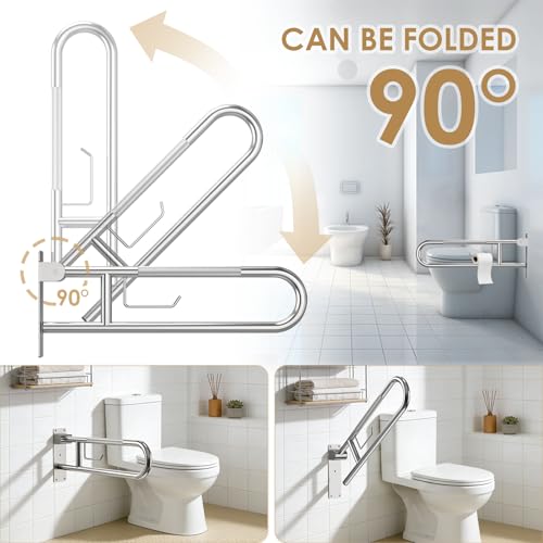 Toilet Grab Bar Support Rail 23.6 Inch, Anti-Slip Knurled Handicap Bathroom Safety Handrails U Shaped Flip-Up with Paper Holder for Elderly Disabled Pregnant, 304 Stainless Steel - size: 23.6in