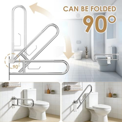 Toilet Grab Bar Support Rail 23.6 Inch, Anti-Slip Knurled Handicap Bathroom Safety Handrails U Shaped Flip-Up with Paper Holder for Elderly Disabled Pregnant, 304 Stainless Steel - size: 23.6in