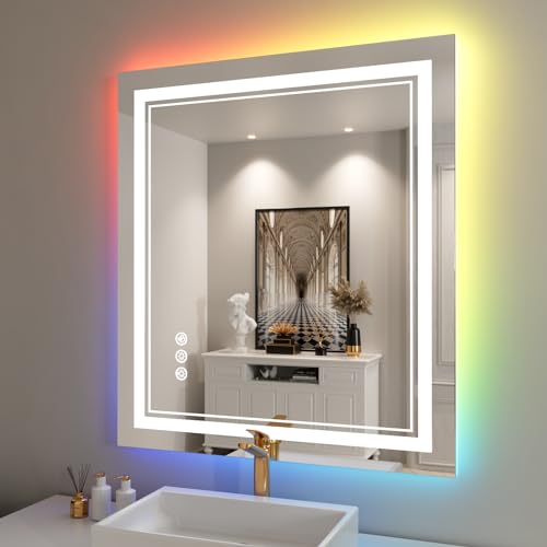 32x36 Inch RGB LED Bathroom Mirror with Lights | Front and RGB Backlit, Dimmable, Memory, Anti Fog, Shatterproof, Horizontal/Vertical, Lighted Mirrors for Bathroom Wall - color: Rgb Backlit, size: 32"L x 36"W