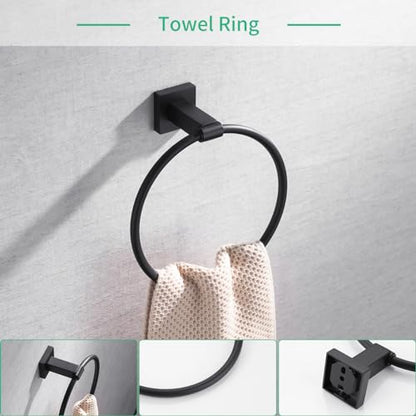Miyili Matte Black 5-Piece Bathroom Hardware Kit Set Stainless Steel Wall Mount - Includes Double Towel Bar, Hand Towel Rack, Toilet Paper Holder, 2X Robe Hook, BS02B5 - color: Matte Black
