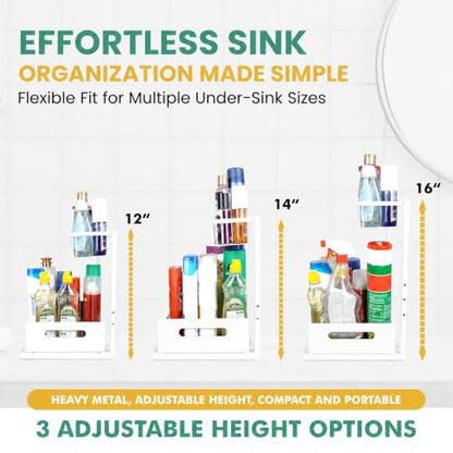 Height Adjustable 2-Tier Under Sink Organizer with 3 Hooks – Kitchen Sink Cabinet Storage Rack, Expandable Sink Caddy for Kitchen, Bathroom & Pantry (White) - color: White
