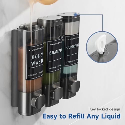 Shampoo and Conditioner Dispenser, Shower Soap Dispenser Wall Mounted, Shampoo Dispenser for Shower Wall No Drill, Bathroom Body Wash Dispenser 3 * 350ml Gungray 3 Chamber - color: Gungray 3