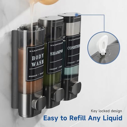 Shampoo and Conditioner Dispenser, Shower Soap Dispenser Wall Mounted, Shampoo Dispenser for Shower Wall No Drill, Bathroom Body Wash Dispenser 3 * 350ml Gungray 3 Chamber - color: Gungray 3