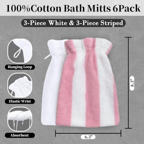 VOOVA & MOVAS Shower Mitts 6 Pack Pink Stripe,European Style with Loop | Body Wash Gloves, Gentle Texture, Durable Cotton Fabric, Ideal for Face Care, Shower and Home Use. - color: Pink Stripe&white, size: 6PC Bath Mitts