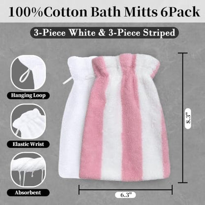 VOOVA & MOVAS Shower Mitts 6 Pack Pink Stripe,European Style with Loop | Body Wash Gloves, Gentle Texture, Durable Cotton Fabric, Ideal for Face Care, Shower and Home Use. - color: Pink Stripe&white, size: 6PC Bath Mitts