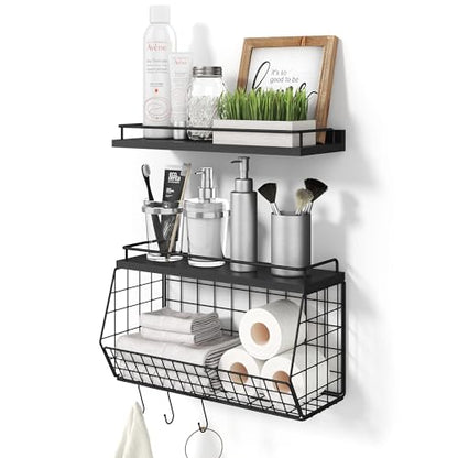 Bathroom Shelves Over Toilet Wall Mounted Floating Shelves with Wire Basket and Hooks Metal Shelf Organizer for Bathroom, Bedroom, Living Room, Kitchen, Home Storage