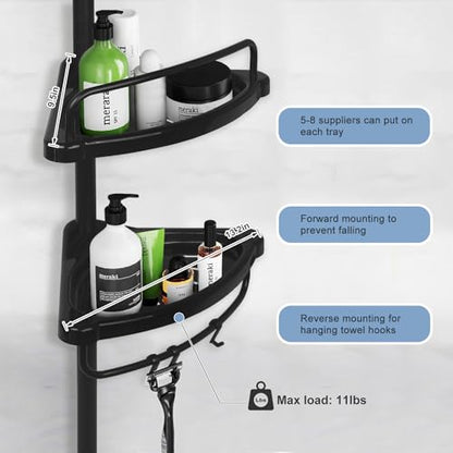 Hans&Alice H&A Tension Shower Caddy Pole, Bathroom Corner Shower Rack, Stainless Steel Pole and Rustproof-Black