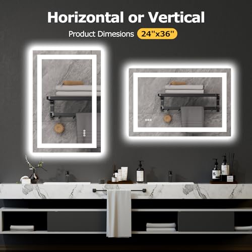 Hivone 24X36 LED Bathroom Mirror with Lights, Anti-Fog, Dimmable, Backlit + Front Lit, Smart Bathroom Vanity Mirror, Memory Function, Shatterproof, Tempered Glass (Horizontal/Vertical) - size: 24"L x 36"W