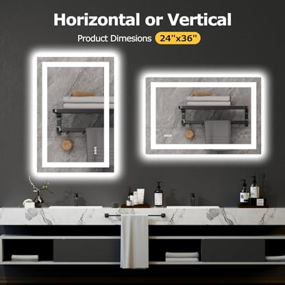 Hivone 24X36 LED Bathroom Mirror with Lights, Anti-Fog, Dimmable, Backlit + Front Lit, Smart Bathroom Vanity Mirror, Memory Function, Shatterproof, Tempered Glass (Horizontal/Vertical) - size: 24"L x 36"W