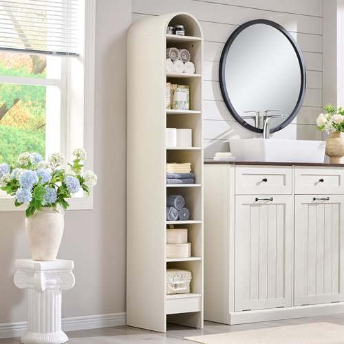 IFBUY 67" Tall Arched Bathroom Storage Cabinet, 8-Tier Modern Farmhouse Storage Cabinet with Adjustable Shelves, Wood Freestanding Cabinet for Bathroom, Living Room, Entryway, Hallway (Antique White) - color: Antique White, size: 67" Tall 8-Tiers(Narrow)