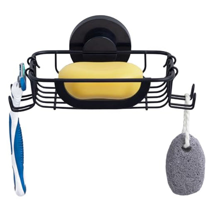 Soap Holder,Soap Dish,Suction Cup,with Hooks,Stainless Steel,Black | bar soap holder,storage soap & sponge for bathroom,shower,kitchen,sink,wall mounted,no drilling removable waterproof - color: Black-1 Tier