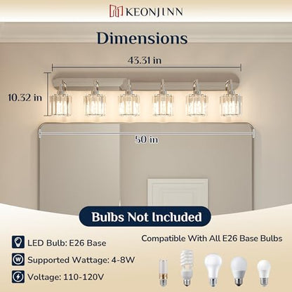 Keonjinn 6-Light Bathroom Light Fixtures, Crystal Chrome Bathroom Vanity Lights Over Mirror, Vanity Lighting Fixtures with Crystal Square Shades (E26 Socket, Exclude Bulb) - color: Chrome, size: 6-Light