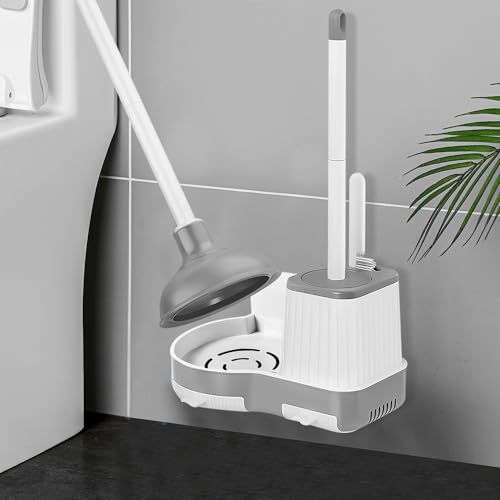 Silkyhose 3 in 1 Toilet Brush & Plunger, Wall Mounted with Crevice Brush | Built-in Storage Holder. Rust-resistant, Durable. Non-Slip Grip. Easy to Install. For Bathroom, Floor & Tile Cleaning.