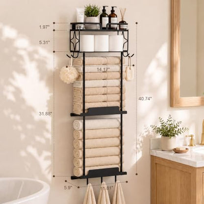 Towel Racks for Bathroom 39.9 Inch Wall Mounted Towel Rack with Shelf, Bathroom Towel Storage Holds 6 Large Rolled Towels, Metal Wall Towel Rack, Black - size: 39.9inch